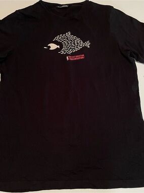Pardon Black Tee with Cream Fish Graphic and Red Text Accent